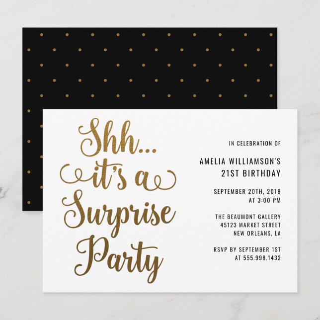 Chic Gold Shh... It's a Surprise Party Typography Invitation (Front/Back)