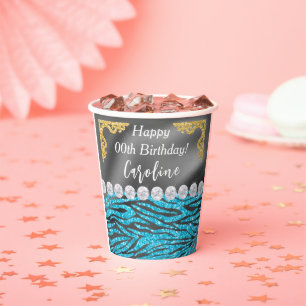 Chic Gold Silver Foil Blue Zebra Print Birthday Paper Cups