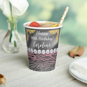 Chic Gold Silver Foil Pink Zebra Print Birthday Paper Cups
