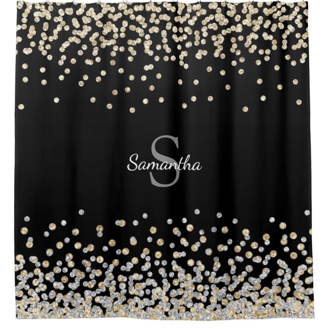 Chic Gold Silver Glitter Confetti Monogram Black Shower Curtain (Front)