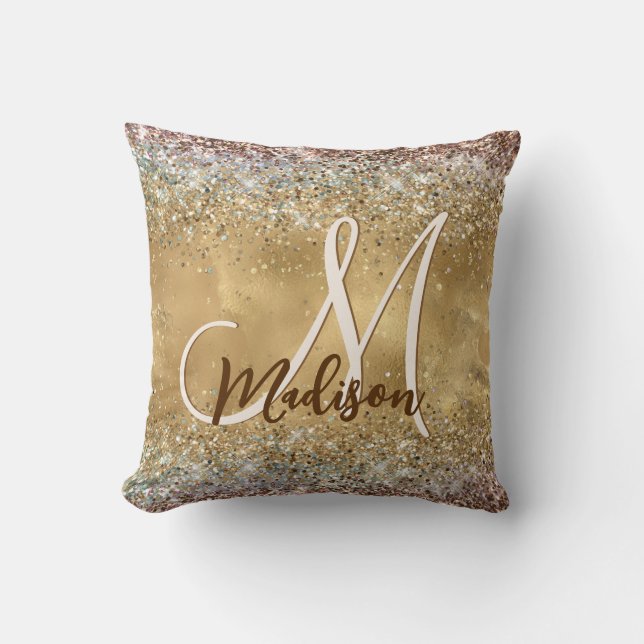 Chic Gold Silver iridescent glitter monogram Cushion (Front)