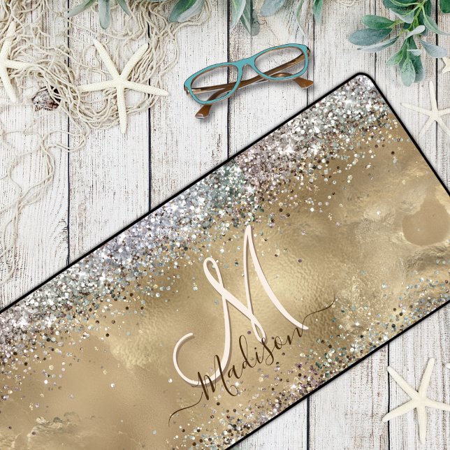 Chic Gold Silver iridescent glitter monogram Desk Mat (Creator Uploaded)