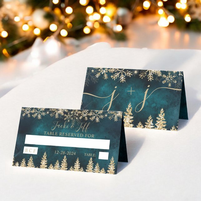 Chic gold snow pine green Christmas winter table Place Card (Chic gold snow pine green Christmas winter table Place Card)