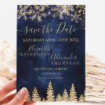 Chic gold snow pine navy Christmas save the date<br><div class="desc">Time to celebrate your winter wonderland wedding theme with this luxury yellow gold glitter snowflakes sparkles and chic gold glitter pine tree forest on an elegant festive navy blue watercolor background,  featuring a modern cool script font typography. A chic and elegant wedding save the date card.</div>