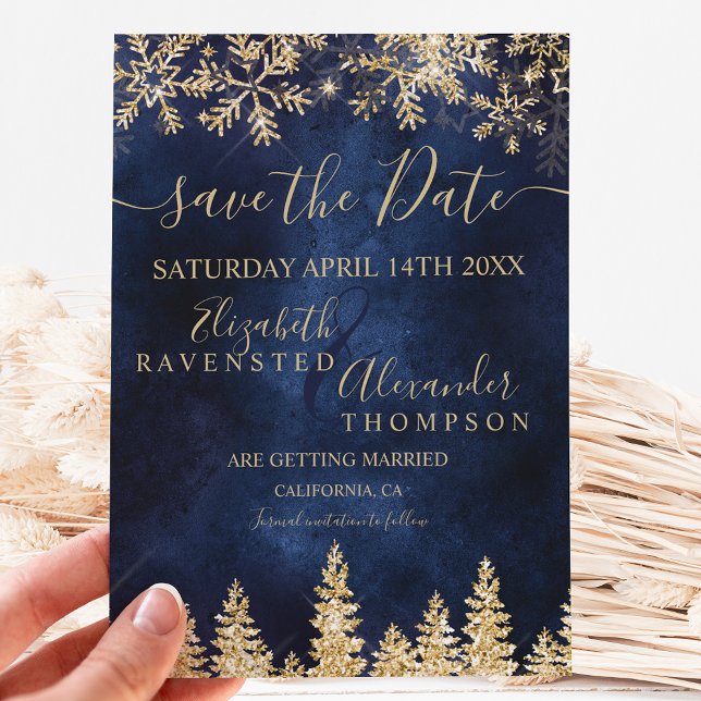 Chic gold snow pine navy Christmas save the date (Creator Uploaded)