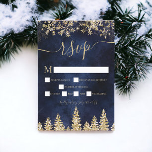 Chic gold snow pine navy Christmas winter rsvp Card
