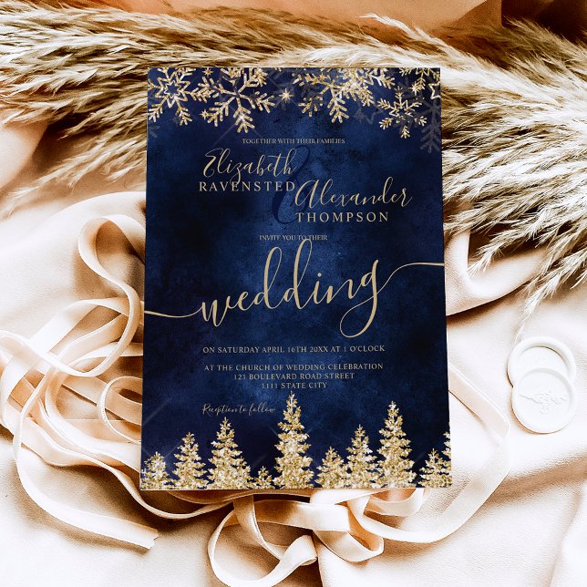 Chic gold snow pine navy Christmas winter wedding Invitation (Creator Uploaded)
