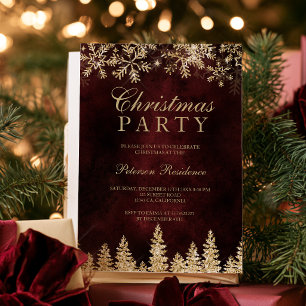 Chic gold snow pine red Christmas winter wedding Invitation