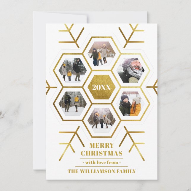 Chic Gold Snowflake Picture Frame Christmas Photo Holiday Card (Front)