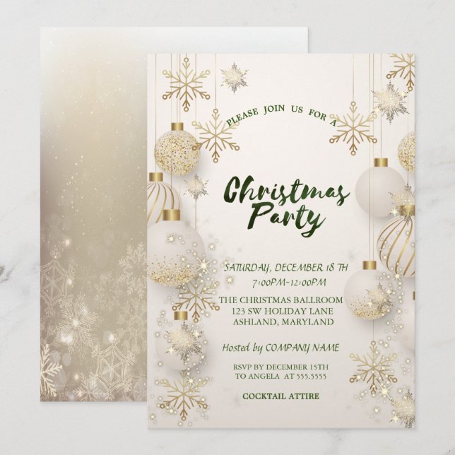 Chic Gold Snowflakes,Balls Christmas Company Party Invitation (Front/Back)