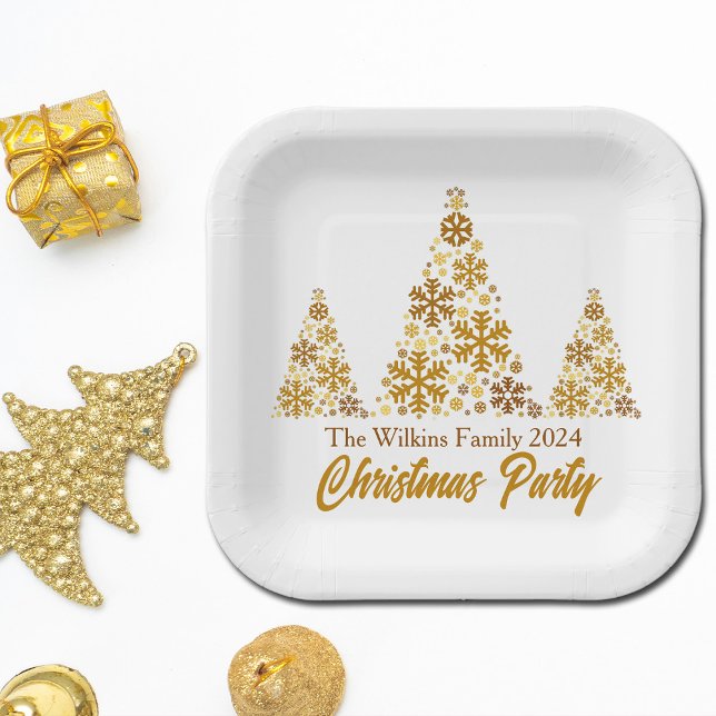 Chic Gold Snowflakes Christmas Party Personalised Paper Plate (Creator Uploaded)