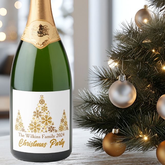 Chic Gold Snowflakes Christmas Party Personalised Sparkling Wine Label (Creator Uploaded)