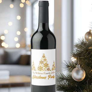 Chic Gold Snowflakes Christmas Party Personalised Wine Label