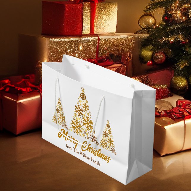 Chic Gold Snowflakes Christmas Tree Personalised Large Gift Bag (Creator Uploaded)