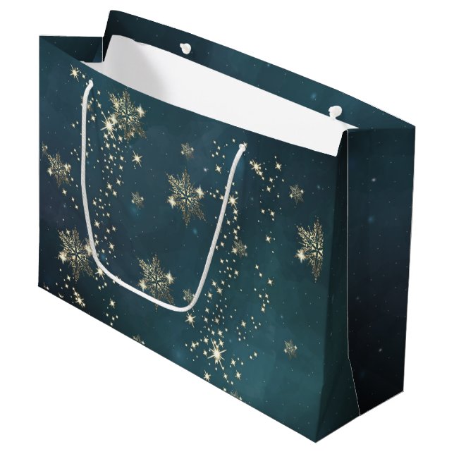 Chic Gold Snowflakes Green Large Gift Bag (Front Angled)