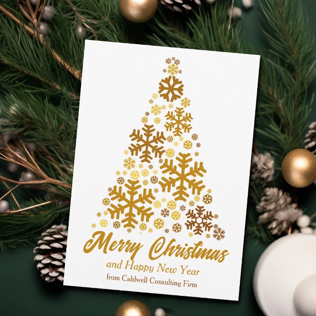 Chic Gold Snowflakes Merry Christmas Tree Company Holiday Card (Creator Uploaded)