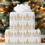 Chic Gold Snowflakes Merry Christmas Tree Custom Wrapping Paper<br><div class="desc">A chic gold script Merry Christmas gift wrap with your family name under beautiful trees made of golden snowflakes above Merry Christmas. Trendy holiday wrapping paper with an artistic pattern and personalised message.</div>