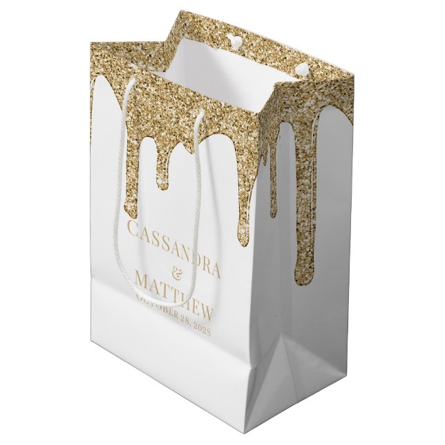 Chic Gold Sparkle Glitter Drips Wedding Medium Gift Bag (Front Angled)