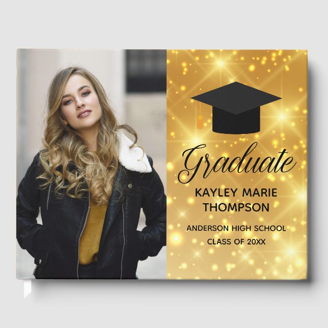 Chic Gold Sparkle Graduate Photo Graduation Guest Book (Front)