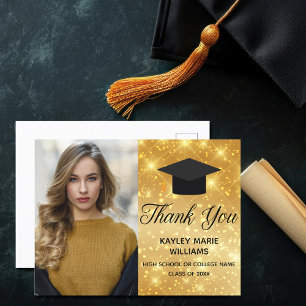 Chic Gold Sparkle Graduation Photo 2023 Thank You Postcard