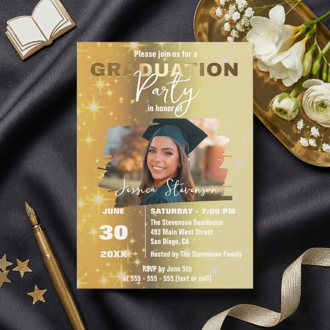 Chic Gold Sparkly Metallic Photo Graduation Party Invitation (Creator Uploaded)