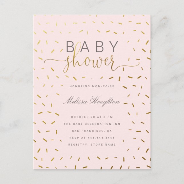 Chic Gold Sprinkle Confetti & Pink Baby Shower Invitation Postcard (Front)