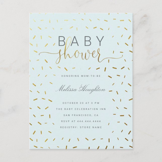 Chic Gold Sprinkle Confetti Script Baby Shower Invitation Postcard (Front)