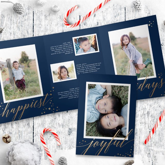 Chic Gold Stardust Tri-fold Navy Christmas Photo  (Creator Uploaded)