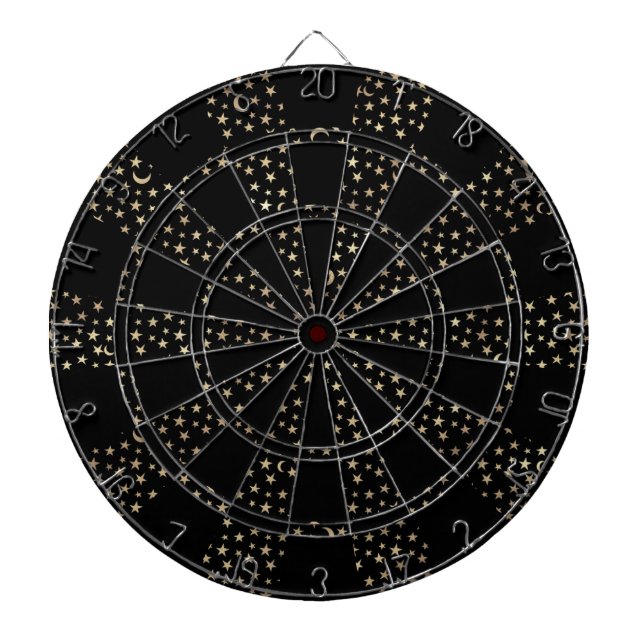 Chic Gold Stars Crescent Moons Black Dartboard (Front)