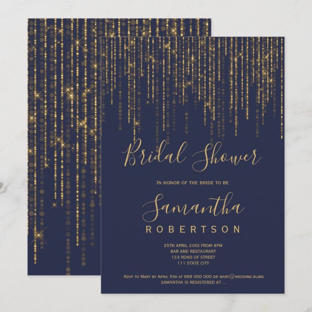 Chic gold string lights navy blue bridal shower invitation (Front/Back)