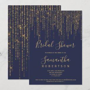 Chic gold string lights navy blue bridal shower invitation