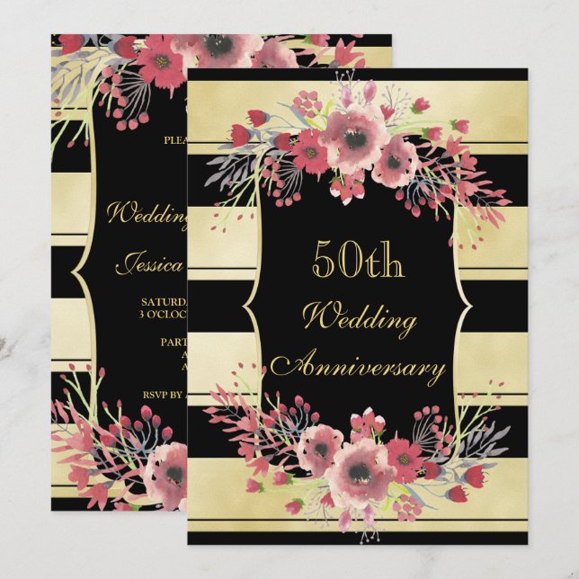 Chic Gold Stripes Floral Watercolor 50th Wedding Invitation (Front/Back)