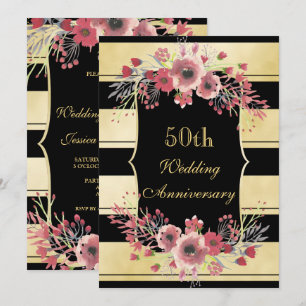 Chic Gold Stripes Floral Watercolor 50th Wedding Invitation