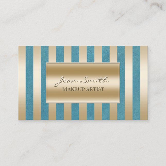 Chic Gold Stripes Teal Green Makeup Artist Business Card (Front)