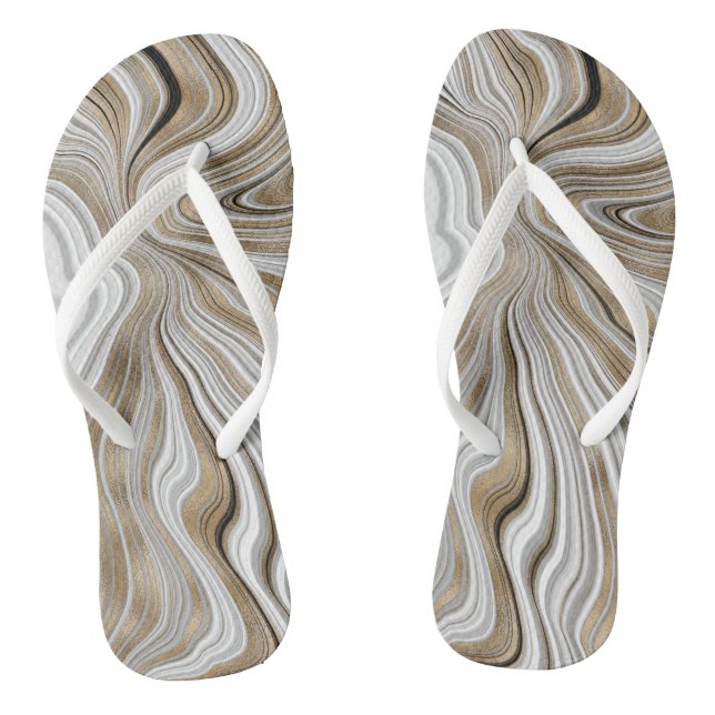 Chic Gold Swirl Marble White Flip Flops (Footbed)