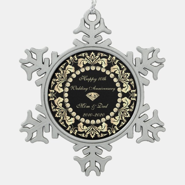 Chic Gold Swirls Diamonds 10th Wedding Anniversary Snowflake Pewter Christmas Ornament (Front)