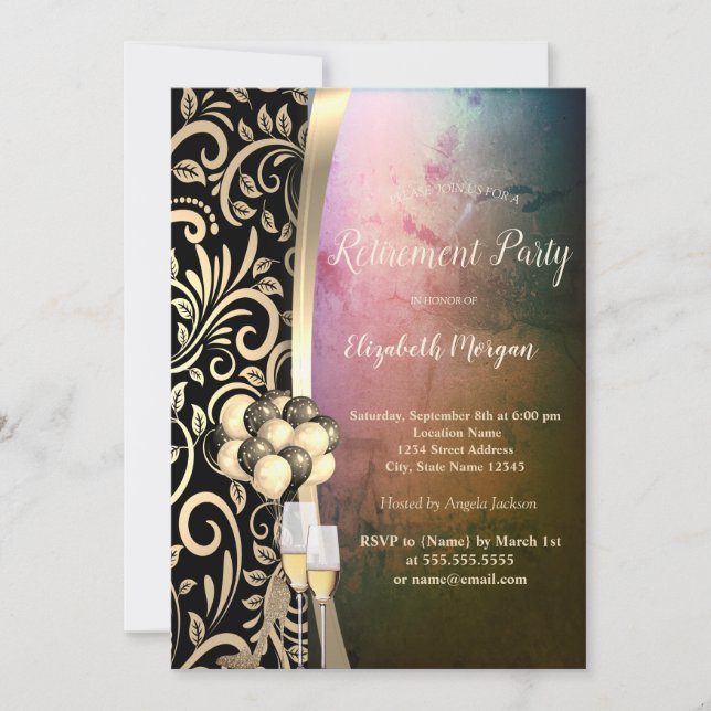 Chic Gold Swirls Glas,High Heels Retirement   Invitation (Front)