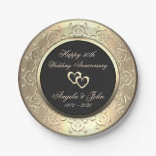 Chic Gold Swirls Hearts 50th Wedding Anniversar Paper Plate