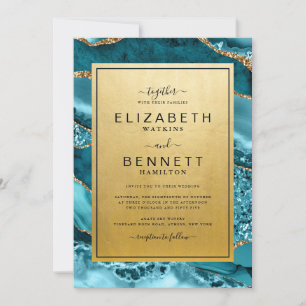 Chic Gold Teal Agate Wedding Invitation