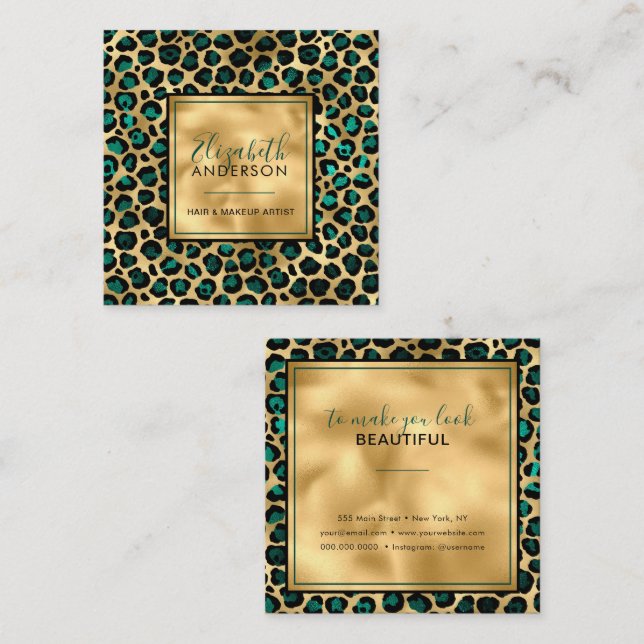 Chic Gold Teal Leopard Print Fashion Modern Square Business Card (Front/Back)