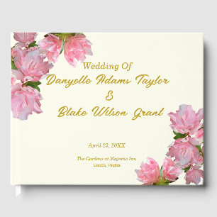 Chic Gold Text, Pink Azaleas & Ivory Wedding Guest Book