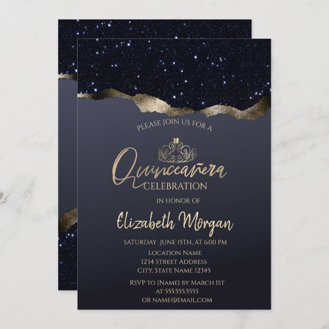 Chic Gold Tiara,Black Glitter  Invitation (Front/Back)
