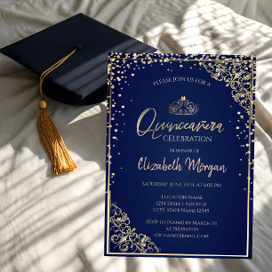 Chic Gold Tiara,Diamonds Blue Quinceañera Invitation