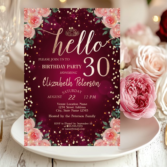 Chic Gold Tiara,Diamonds Burgundy Floral Hello 30 Invitation (Creator Uploaded)