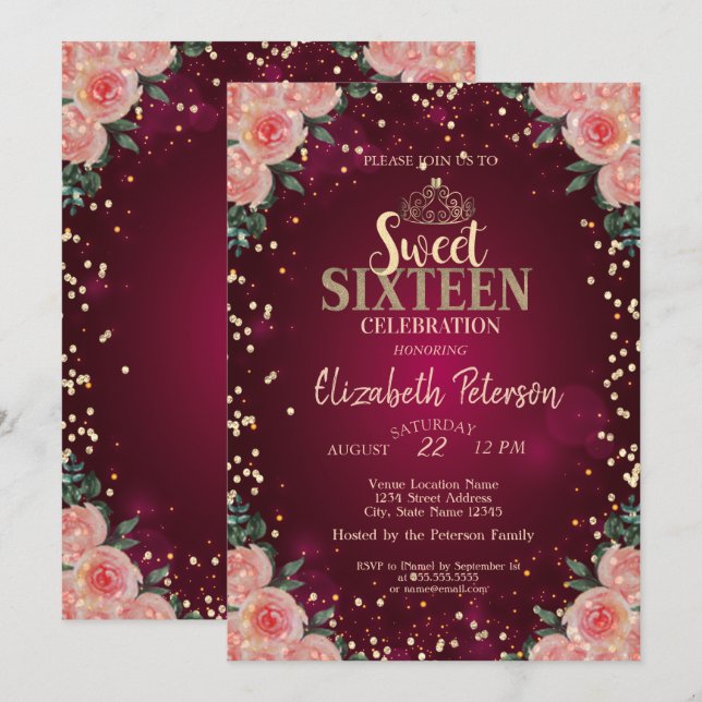 Chic Gold Tiara,Diamonds Burgundy Floral Sweet 16 Invitation (Front/Back)
