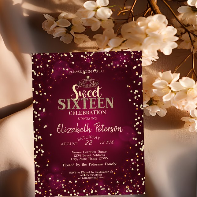 Chic Gold Tiara,Diamonds Burgundy Sweet 16 Party Invitation (Creator Uploaded)