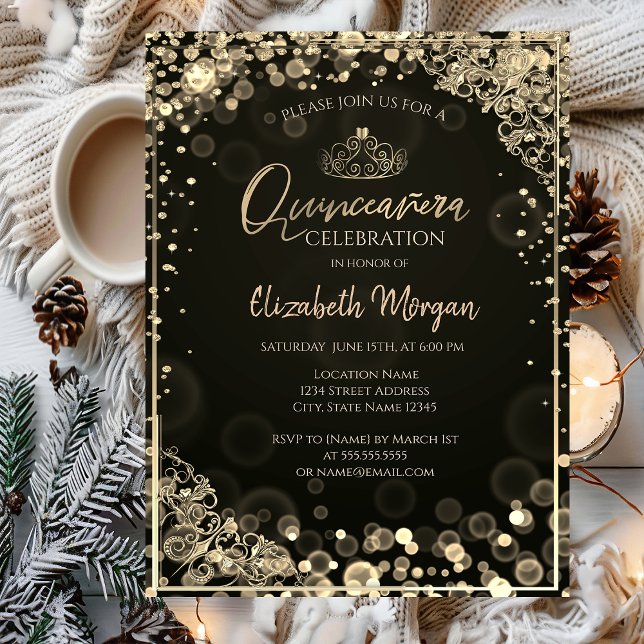 Chic Gold Tiara,Diamonds Dark Bokeh Quinceañera Invitation (Creator Uploaded)