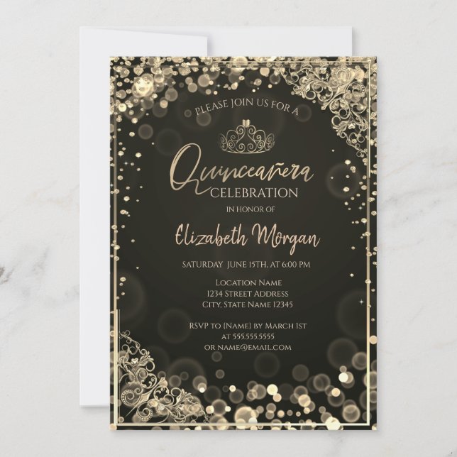 Chic Gold Tiara,Diamonds Dark Bokeh Quinceañera Invitation (Front)