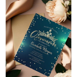 Chic Gold Tiara,Diamonds Green Quinceañera  Invitation