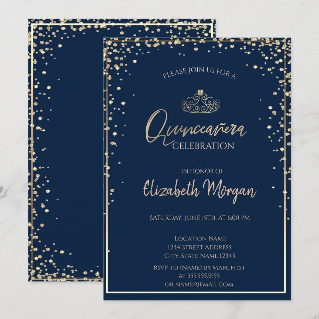 Chic Gold Tiara,Diamonds Quinceañera Invitation (Front/Back)